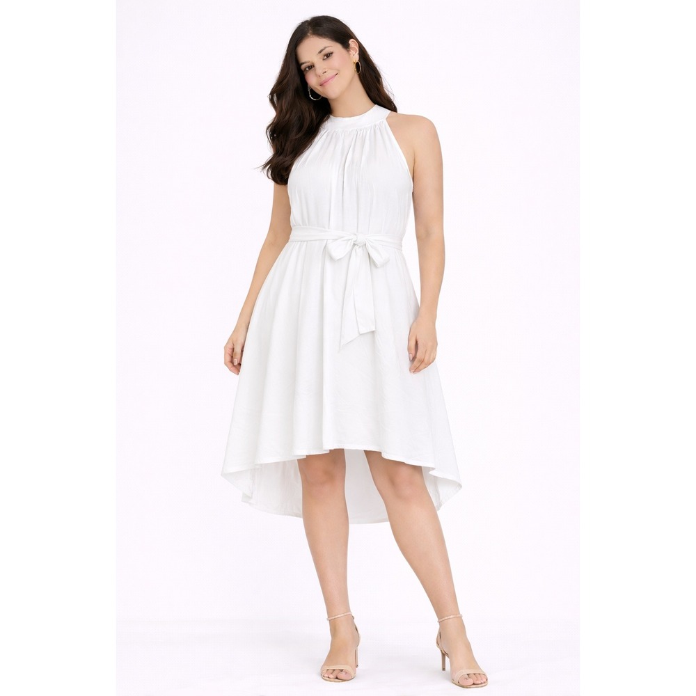 Kirundo White Halter Neck Keyhole Maxi Dress Pleated Waist Tie Rayon Size XL